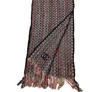 CHANEL Vintage Luxury Black & Pink Multi-Color Woven Fringed Shawl Wrap Scarf